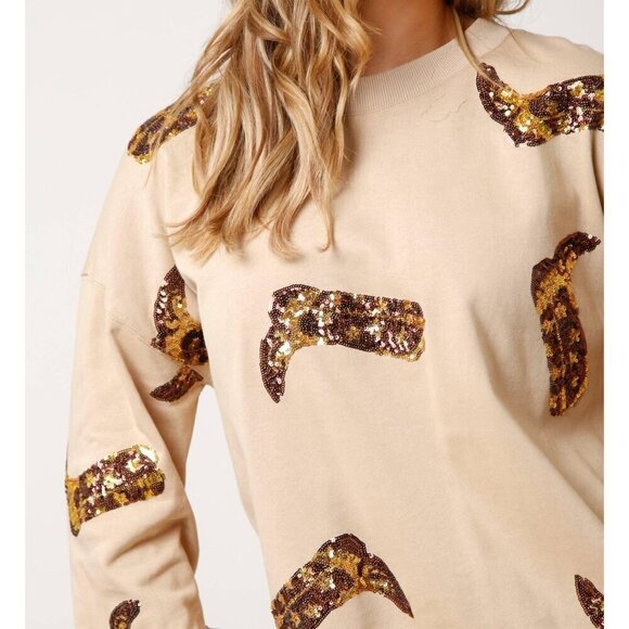 Sequin Boots Loose Fit Pullover in Taupe - Picture 5 of 5